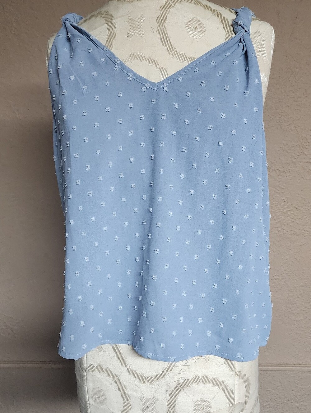 Light Blue Knot-Shoulder Swiss Dot Tank Top - Women Large